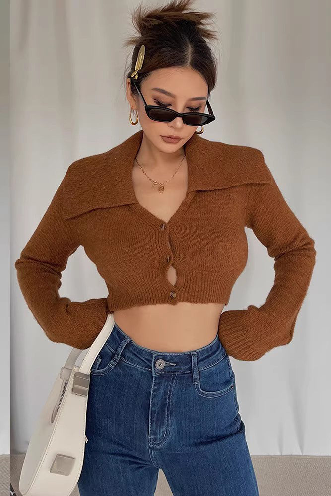 Women's Lapel Neck Buttoned Front Crop Sweater