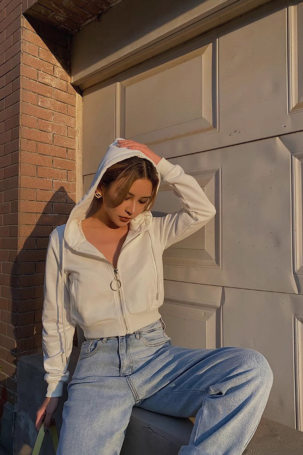 Solid Zip Up Front Crop Hooded