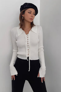 Women's Rib-knit Lace Up Front Tops Sweater Cardigan