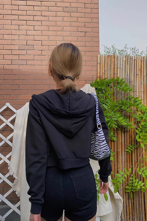 Solid Zip Up Front Crop Hooded