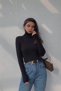 Women's Mock Neck Rib-knit Long Sleeve Crop Sweater