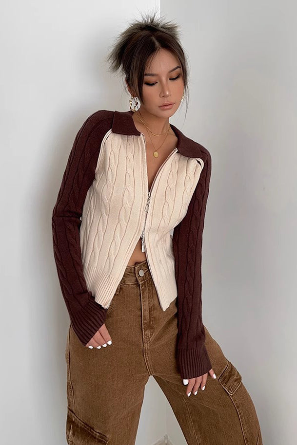 Women's Zip Detail Cable Knit Cardigan Sweater Outwear