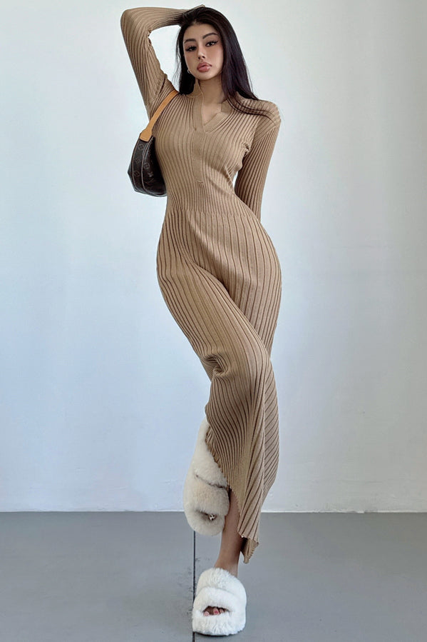 Fashion V-Neck Long Sleeve Knit Sweater Dress