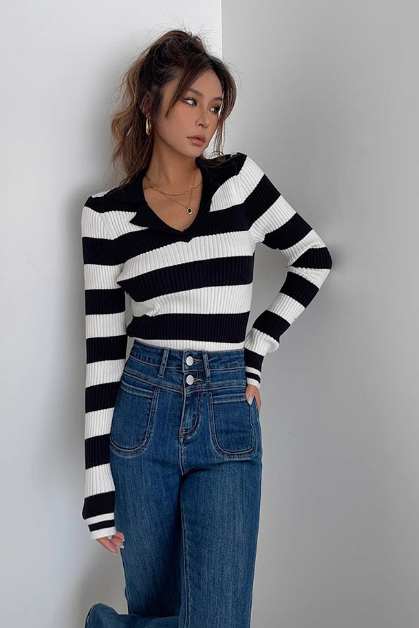 Striped Print Long Sleeve Rib-knit Sweater