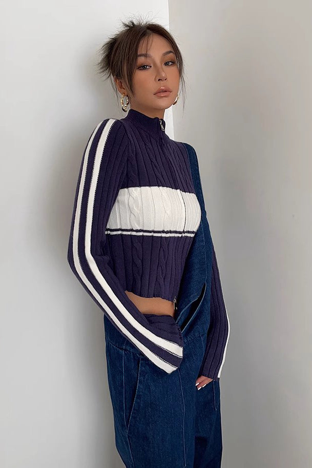 Women's Zip Detail Contrast Cable Knit Cardigan Sweater Outwear