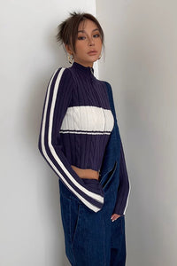 Women's Zip Detail Contrast Cable Knit Cardigan Sweater Outwear