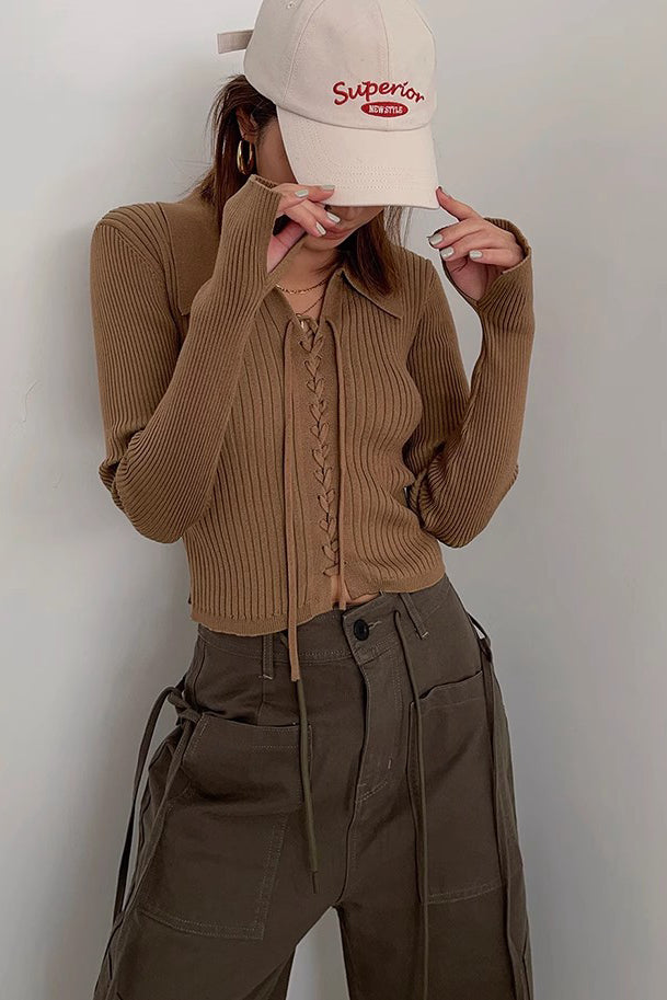 Women's Rib-knit Lace Up Front Tops Sweater Cardigan