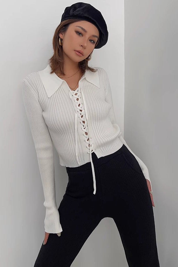 Women's Rib-knit Lace Up Front Tops Sweater Cardigan