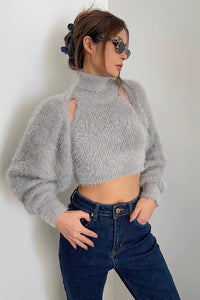 Women's Rib-knit Shawl Jacet & Mock Neck Vest Two Piece Set