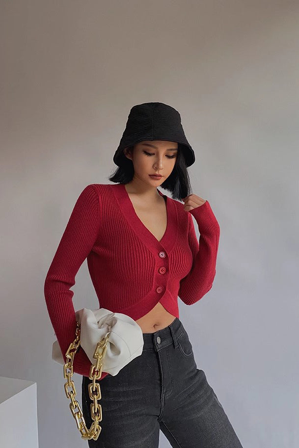 Women's Rib-knit Buttoned Front Crop Sweater