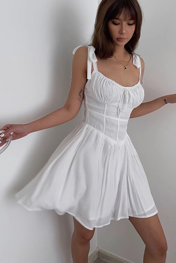 shop for wedding dress Women's Lace Up Pleated Ruffle Hem Dress – TOP SHOW