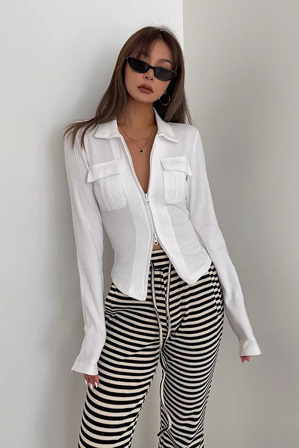 Zip Detail Pocket Front Ribbed Tops T-Shirt – TOP SHOW