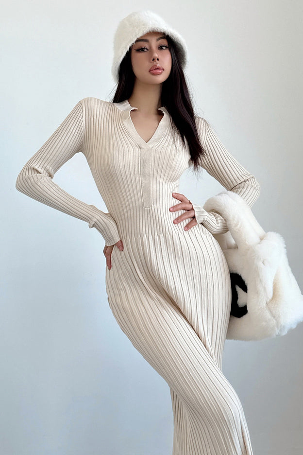 Fashion V-Neck Long Sleeve Knit Sweater Dress