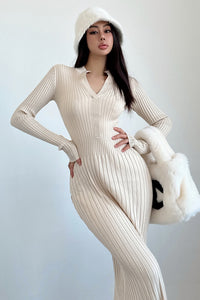 Fashion V-Neck Long Sleeve Knit Sweater Dress