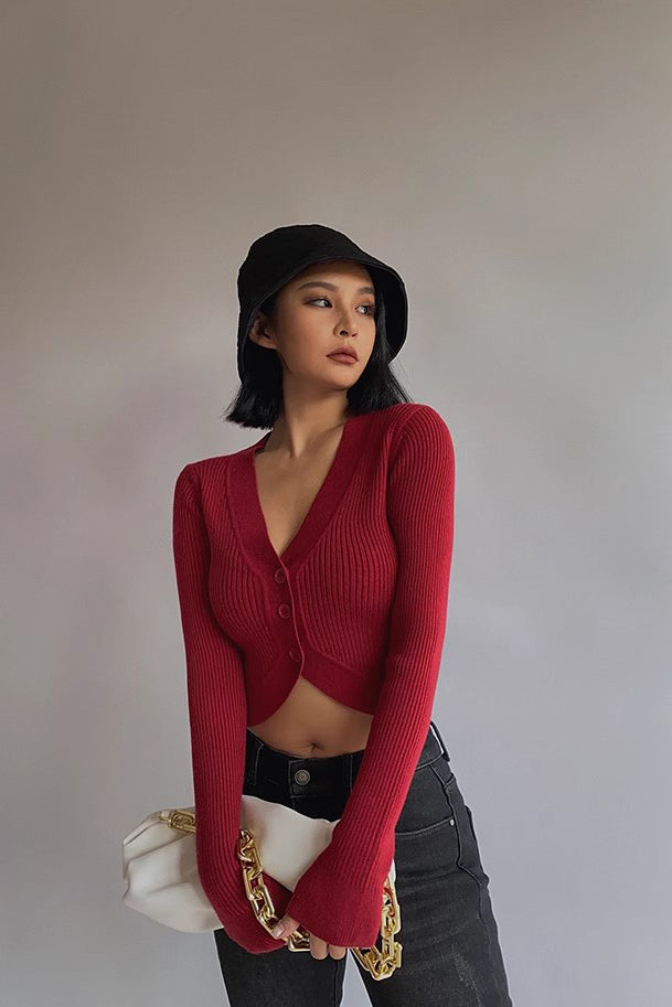 Women's Rib-knit Buttoned Front Crop Sweater