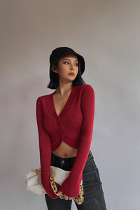 Women's Rib-knit Buttoned Front Crop Sweater