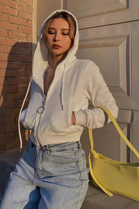 Solid Zip Up Front Crop Hooded