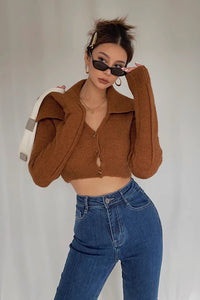 Women's Lapel Neck Buttoned Front Crop Sweater