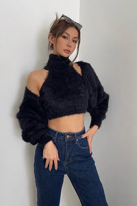 Women's Rib-knit Shawl Jacet & Mock Neck Vest Two Piece Set