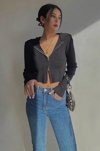 Rib-knit Zip Up Sweater Crop Top Shirt