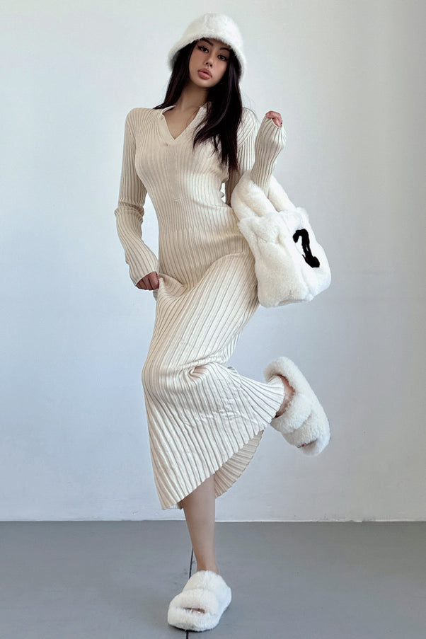 Fashion V-Neck Long Sleeve Knit Sweater Dress