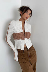 Women's Zip Detail Contrast Cable Knit Cardigan Sweater Outwear