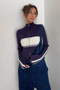 Women's Zip Detail Contrast Cable Knit Cardigan Sweater Outwear