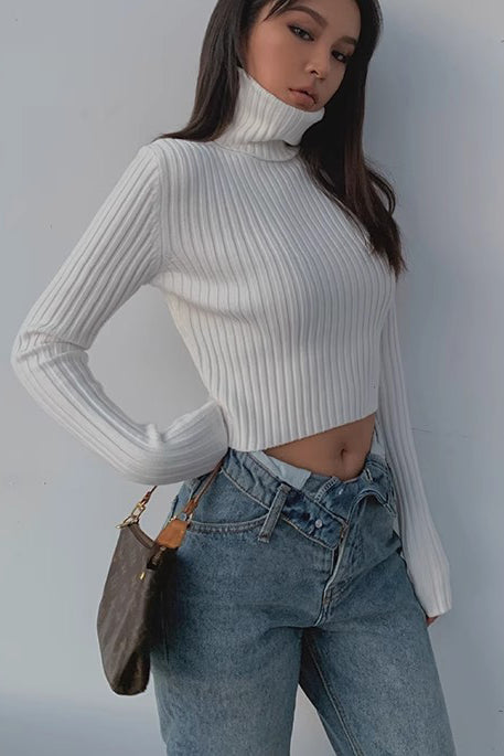 Women's Mock Neck Rib-knit Long Sleeve Crop Sweater