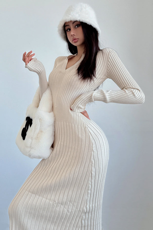 Fashion V-Neck Long Sleeve Knit Sweater Dress