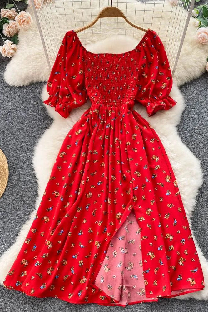 Women Dress Fashion Romantic Floral Print Split Long Dress