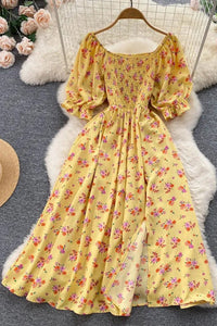 Women Dress Fashion Romantic Floral Print Split Long Dress