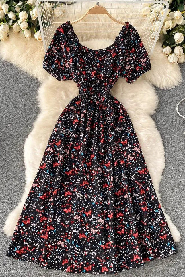 Women Dress Fashion V-Neck Puff Sleeve Floral Print Elastic Corset Dress