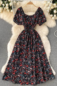 Women Dress Fashion V-Neck Puff Sleeve Floral Print Elastic Corset Dress