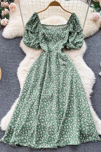 Women Dress Fashion Ruffled Puff Sleeve Slim Lace Up Floral Print Long Dress