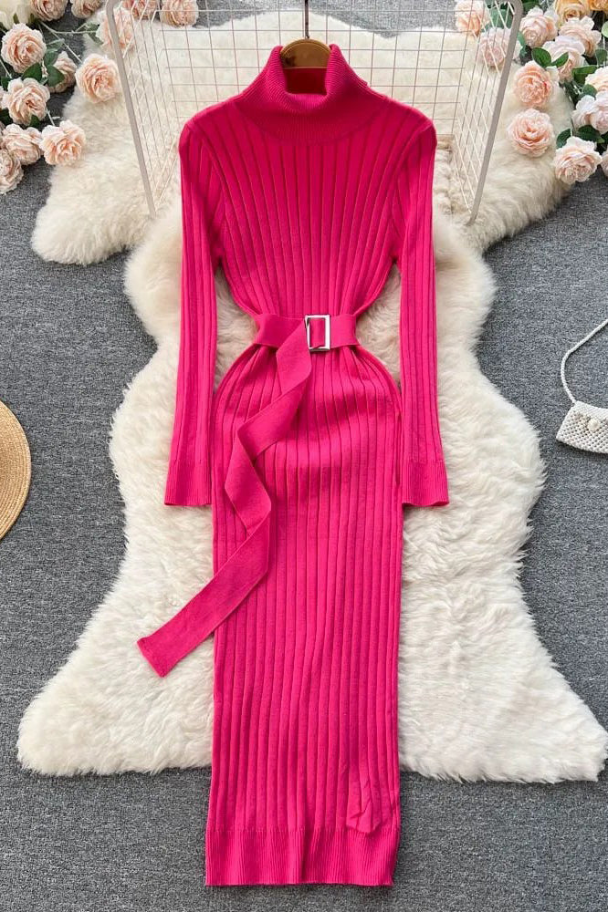 Women Dress Elegant Turtleneck Knitted Sweater Dress with Belt Lady Wrap Hips Bodycon