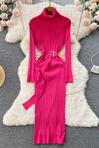 Women Dress Elegant Turtleneck Knitted Sweater Dress with Belt Lady Wrap Hips Bodycon