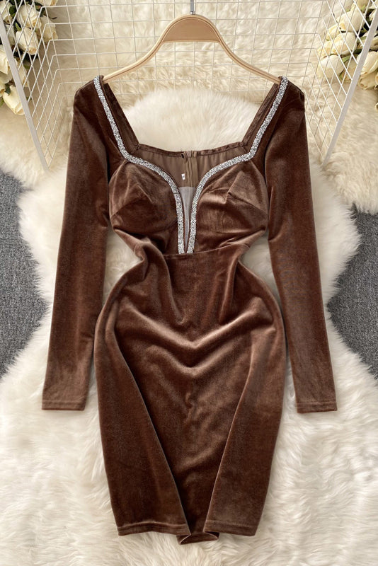 Velvet Women Dress Style V Neck Long Sleeve Zipper Slim Ladies Dresses