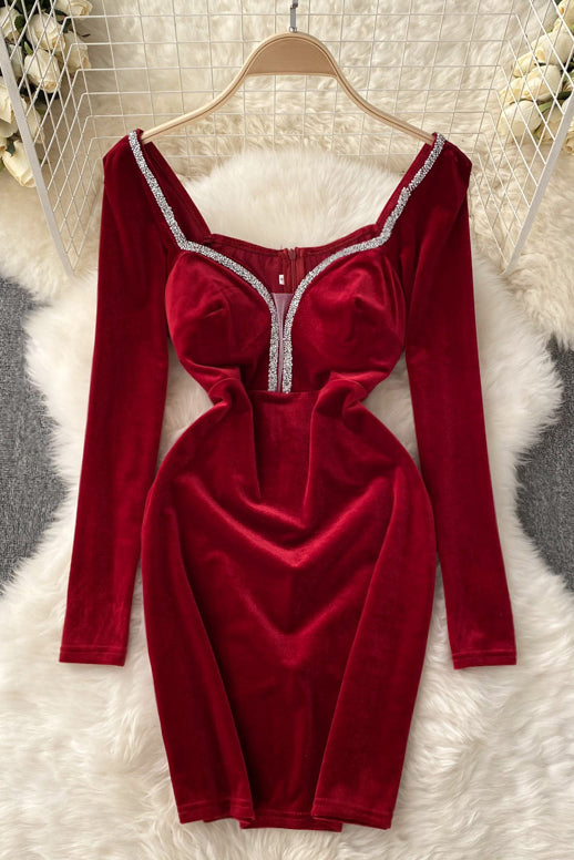 Velvet Women Dress Style V Neck Long Sleeve Zipper Slim Ladies Dresses