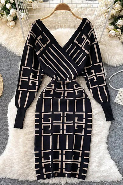Women Knitted Dress V-neck Geometric Bodycon Sweater Dress