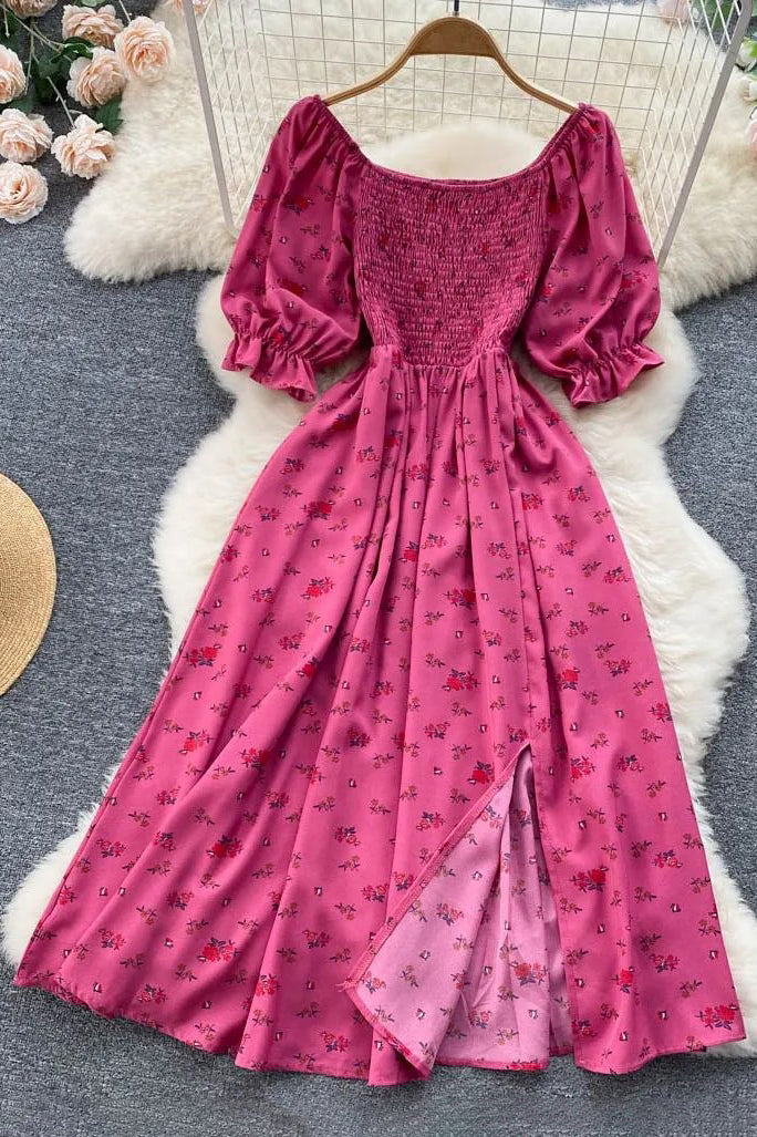 Women Dress Fashion Romantic Floral Print Split Long Dress