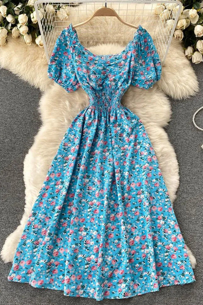 Women Dress Fashion V-Neck Puff Sleeve Floral Print Elastic Corset Dress