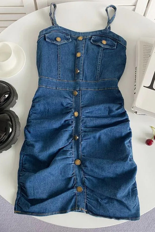 Women Fashion Slim Waist Denim Dress Single-breasted Strap Ruched Body – TOP SHOW