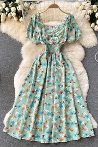 Women Dress Fashion V-Neck Puff Sleeve Floral Print Elastic Corset Dress