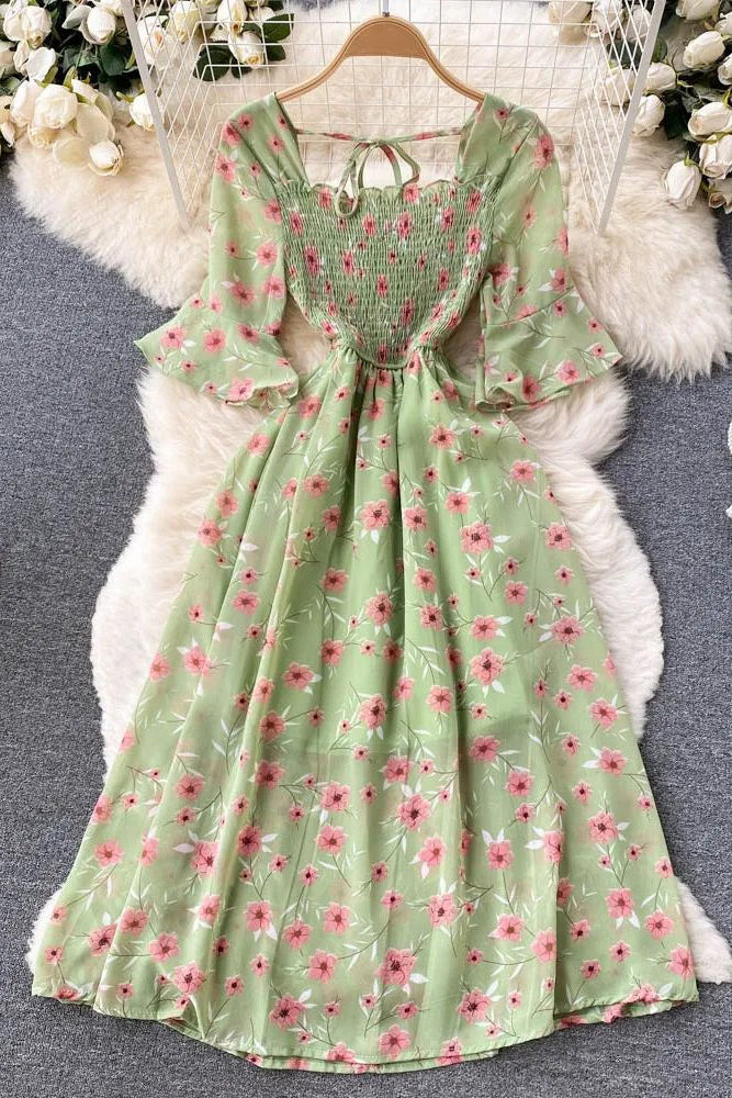 Women Dress Fashion Romantic Floral Print Chiffon Dress Vacation Party Dress