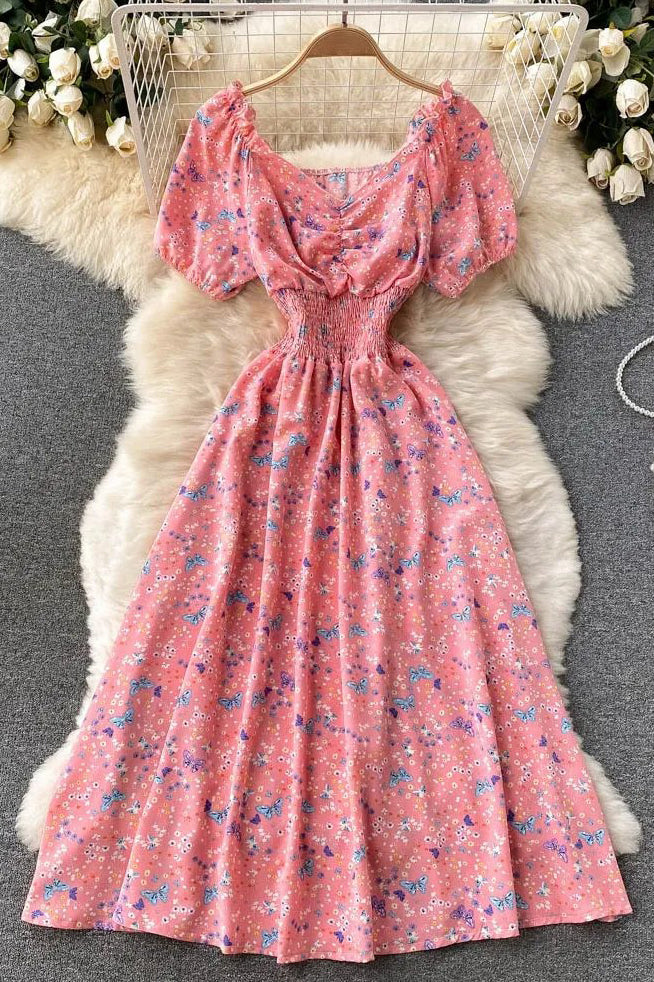 Women Dress Fashion V-Neck Puff Sleeve Floral Print Elastic Corset Dress