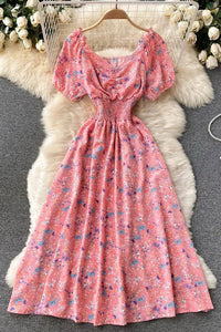 Women Dress Fashion V-Neck Puff Sleeve Floral Print Elastic Corset Dress