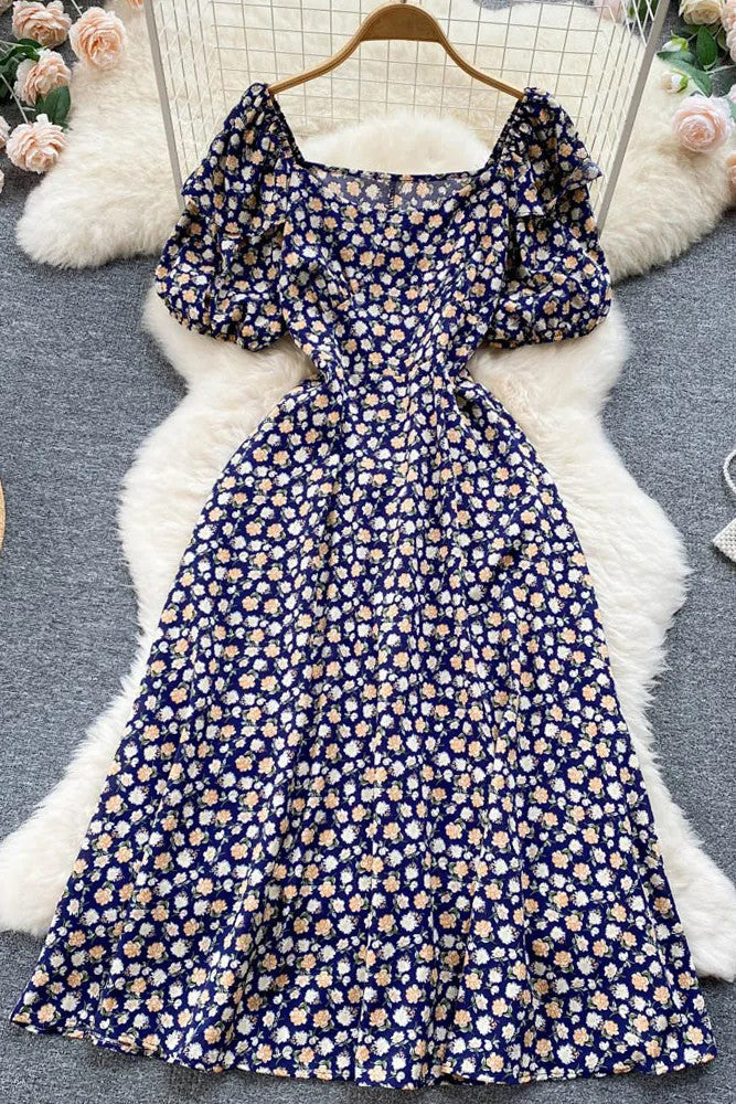 Women Dress Fashion Ruffled Puff Sleeve Slim Lace Up Floral Print Long Dress