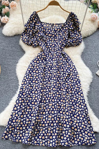 Women Dress Fashion Ruffled Puff Sleeve Slim Lace Up Floral Print Long Dress