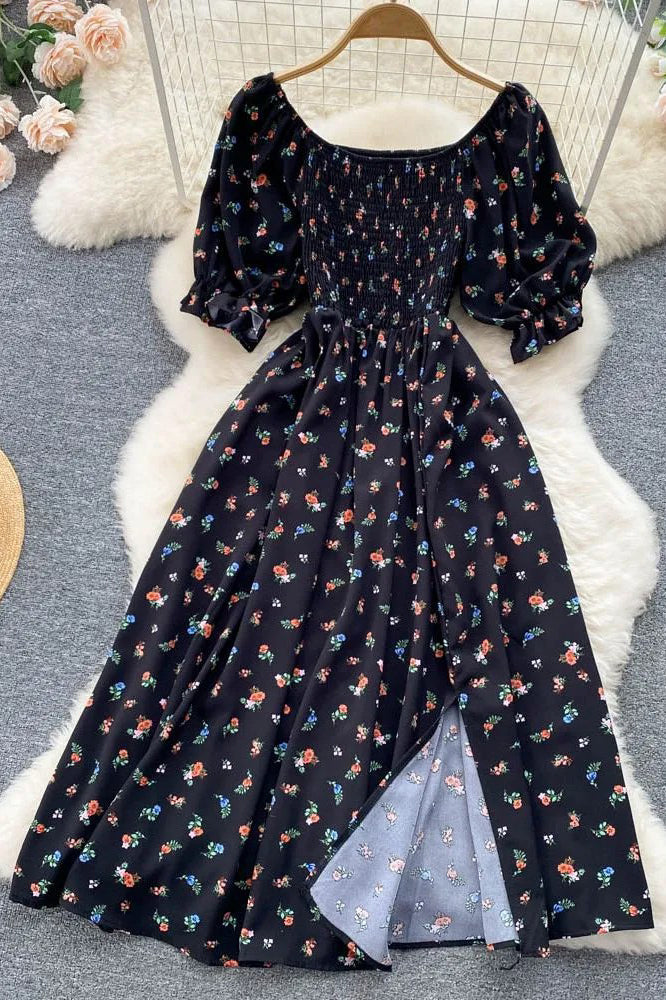 Women Dress Fashion Romantic Floral Print Split Long Dress