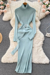 Women Dress Elegant Turtleneck Knitted Sweater Dress with Belt Lady Wrap Hips Bodycon